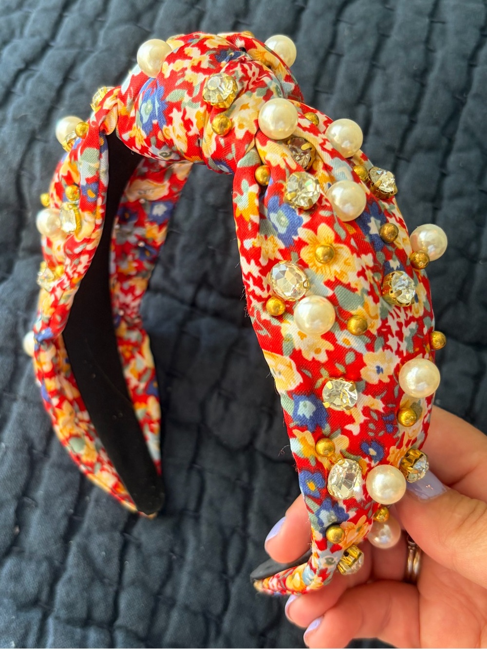 Embellished Red Floral Pearl Headband - Picture 2 of 3